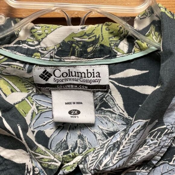 Columbia Casual Gray Green White Button Down Shirt Men 2X Cotton Floral Fish - Picture 4 of 5